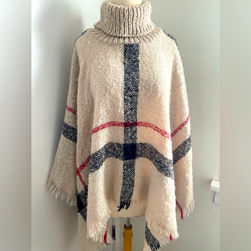 Cozy Turtleneck Plaid Sweater Poncho - One Size